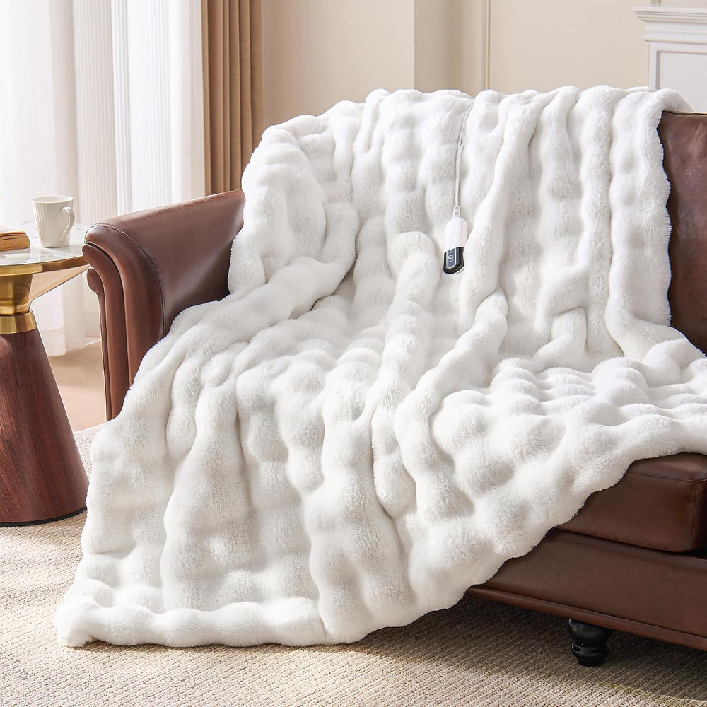 Faux Fur Cozy Heated Blanket Twin Size,White,62"x84"