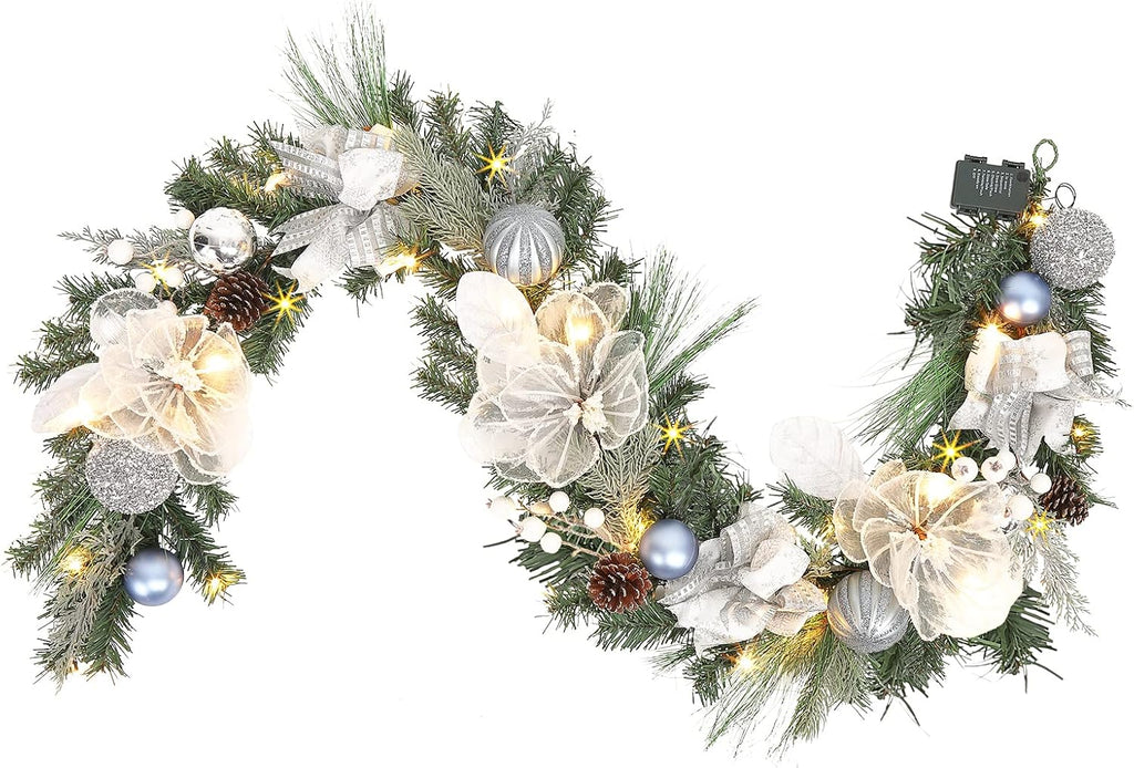 Vofuly Pre-lit 6 feet Winter White Silver Christmas Garland Decor 20 LED Lights,Garland with Balls and Ribbon Bow,Xmas Decoration on Mantle Fireplace Front Door Indoor Outdoor,Battery Operated