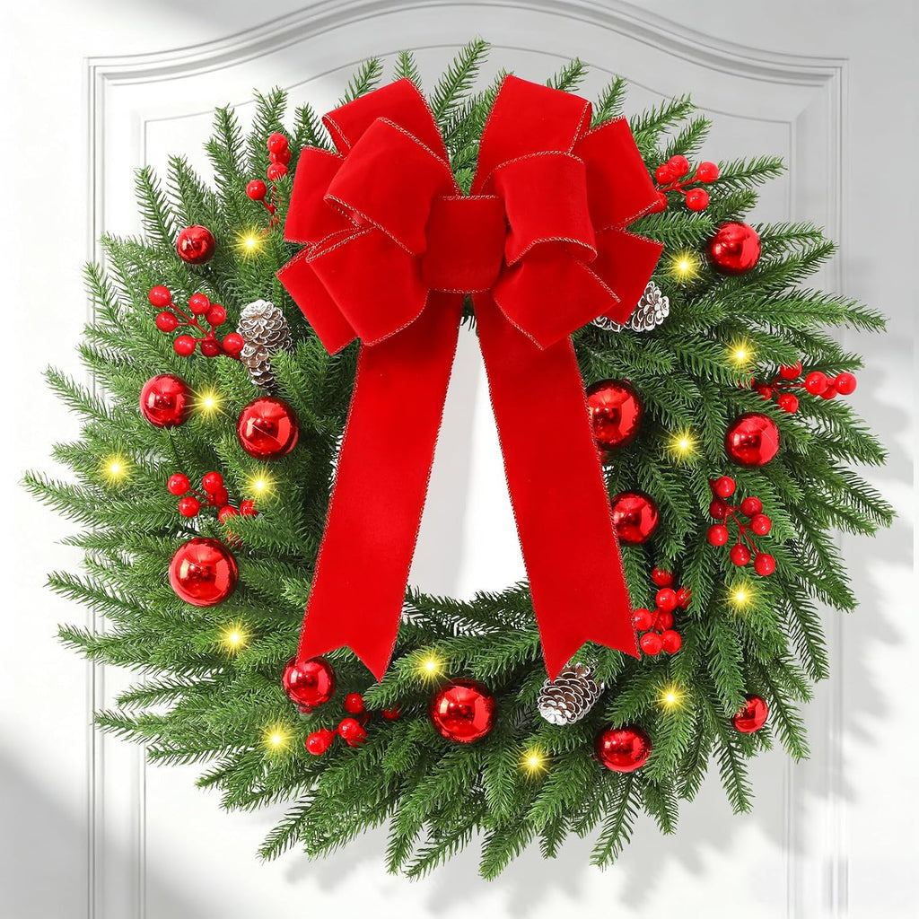 24'' Christmas Wreath with Lights, Christmas Norfolk Wreaths for Front Door