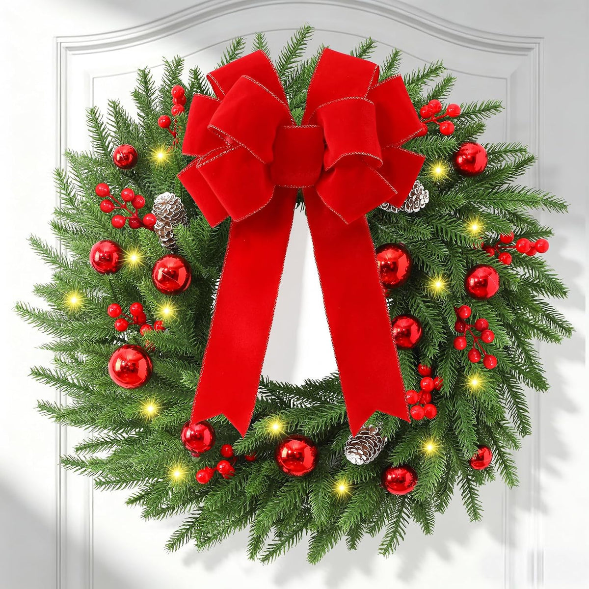 24'' Christmas Wreath with Lights, Christmas Norfolk Wreaths for Front Door