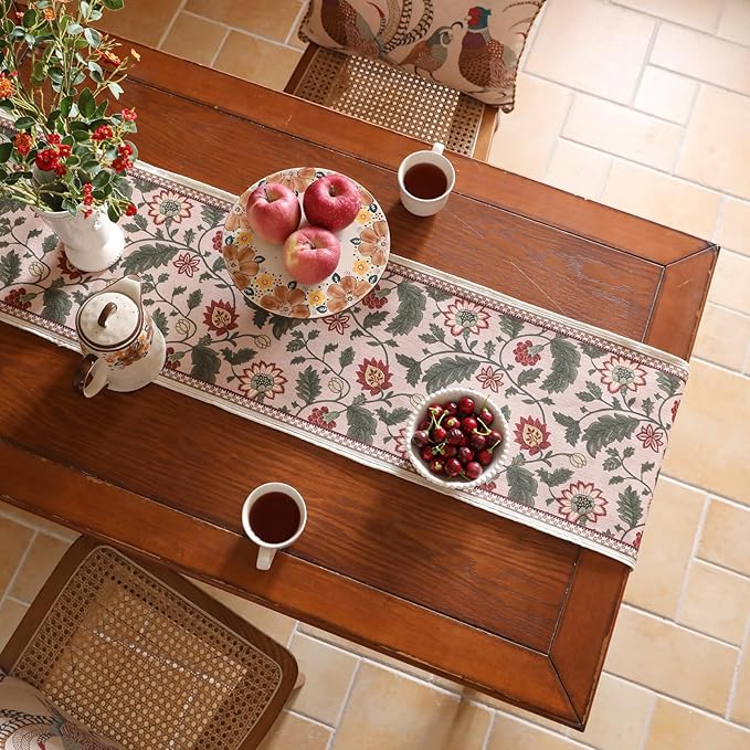 ISAENNE Designer Provence Elegant Linen Table Runner 71 Inches Long,Flower and Leaves Pattern Durable Table Runners for Dining Tables,Thanksgiving,Kitchen Tables,Christmas,12"*71"-Ratina