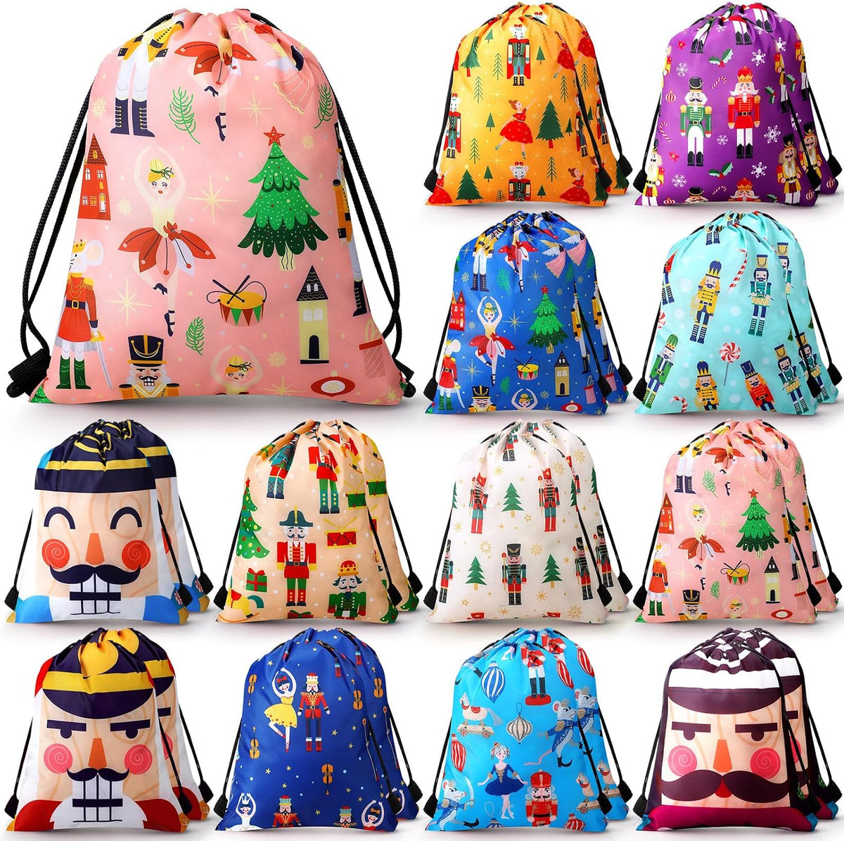 Sweetude 24 Pcs Christmas Nutcracker Drawstring Bags 12 Designs Gift,Cute