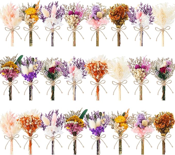 12/24 PCS Charming Dried Flowers Bouquet for Vase Various Dried Wildflowers with Stems Mini Handmade Wildflowers Natural Real Flowers Bulk Flowers Craft (Blossoms, 24 PCS)