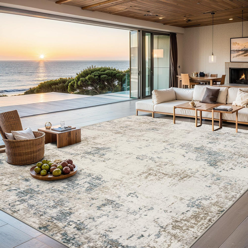 8x10 Area Rug Living Room: Modern Abstract Washable Carpet Beige
