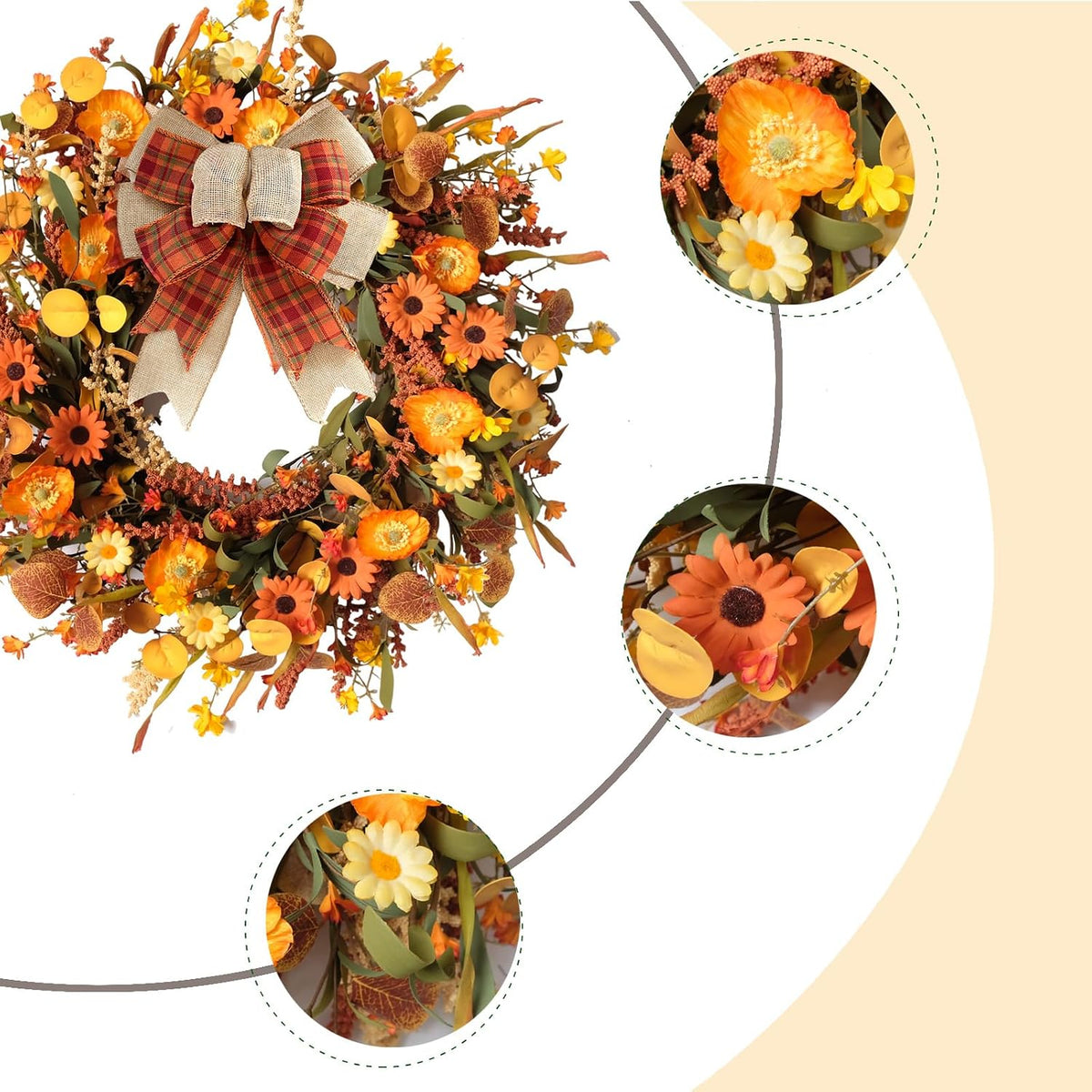tempus 22inch artificial autumn daisy wreath fall leaves shown in use