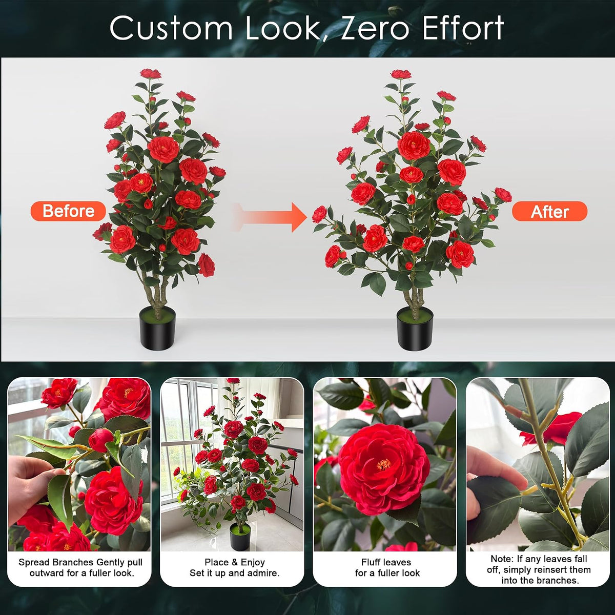 3.5ft artificial camellia trees with 32 flowers in, close-up detail