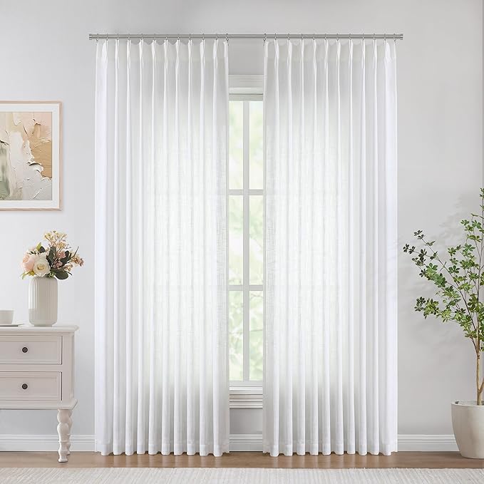 Vision Home White Pinch Pleated Semi Sheer Curtains Textured Light Filtering Window Curtains 90 inch for Living Room Bedroom Patio Rayon Blended Pinch Pleat Drapes with Hooks 1 Panel 60" Wx90 L