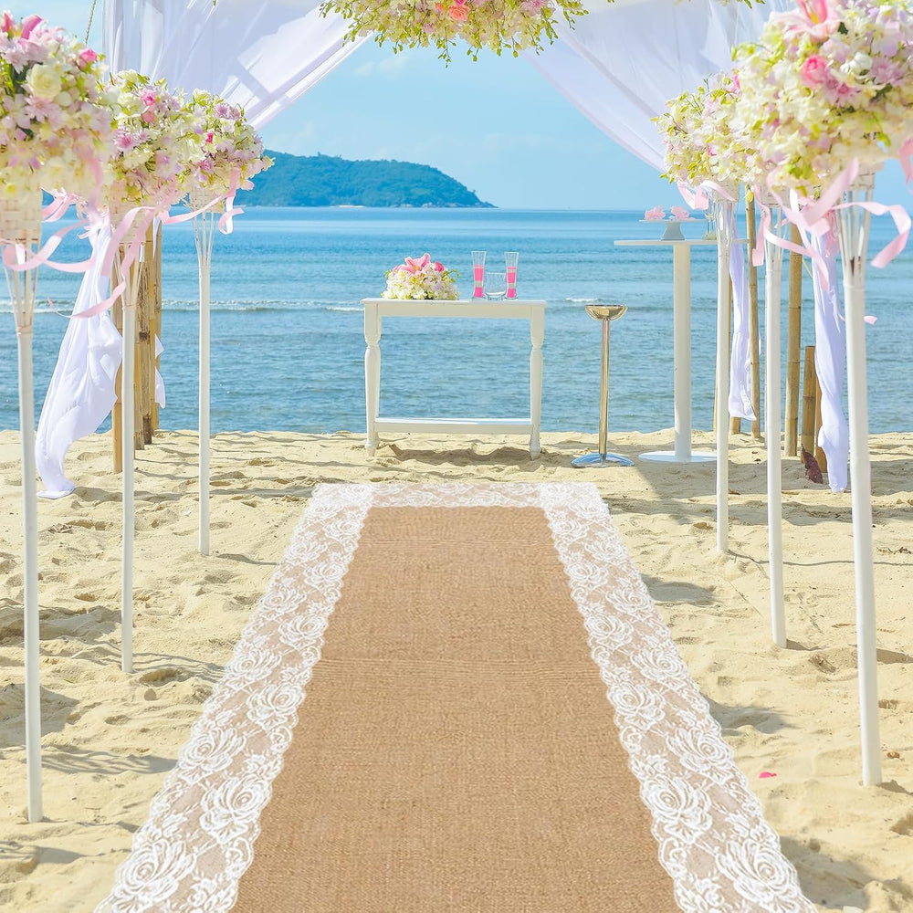 20 Ft x 40 Inch Natural Burlap Wedding Aisle Runner with Lace