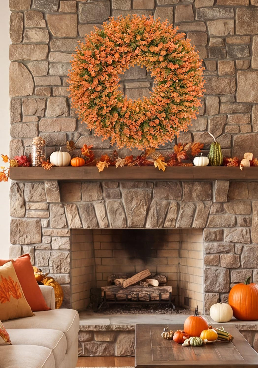 26" fall wreath for front door, outdoor autumn, close-up detail