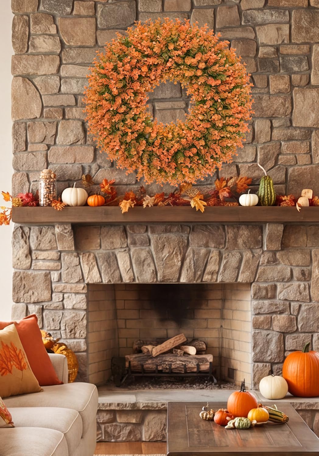 26" fall wreath for front door, outdoor autumn, close-up detail