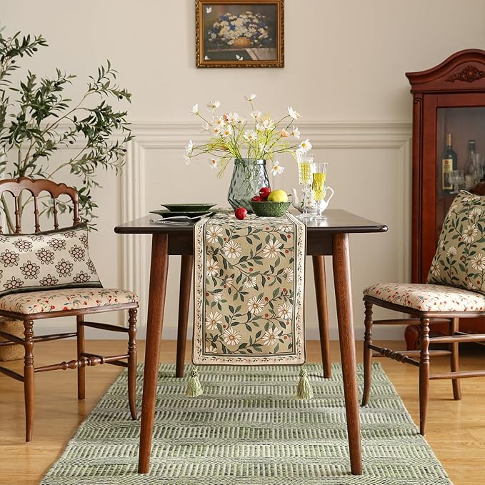 ISAENNE Designer Green Elegant Linen Table Runner 71 Inches Long,Flower and Leaves Pattern Wrinkle Resistant Table Runners for Dining Tables,Thanksgiving,Kitchen Tables,Christmas,12"*71"-Brune
