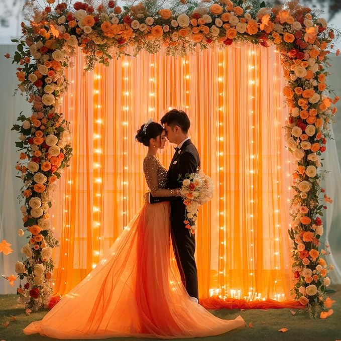 Orange Tulle Backdrop Curtain with Lights String for Parites 10x10ft Sheer Backdrop Curtains Drapes for Birthday Party Baby Shower Wedding Ceremony Prom Halloween Photo Booth Background Decorations