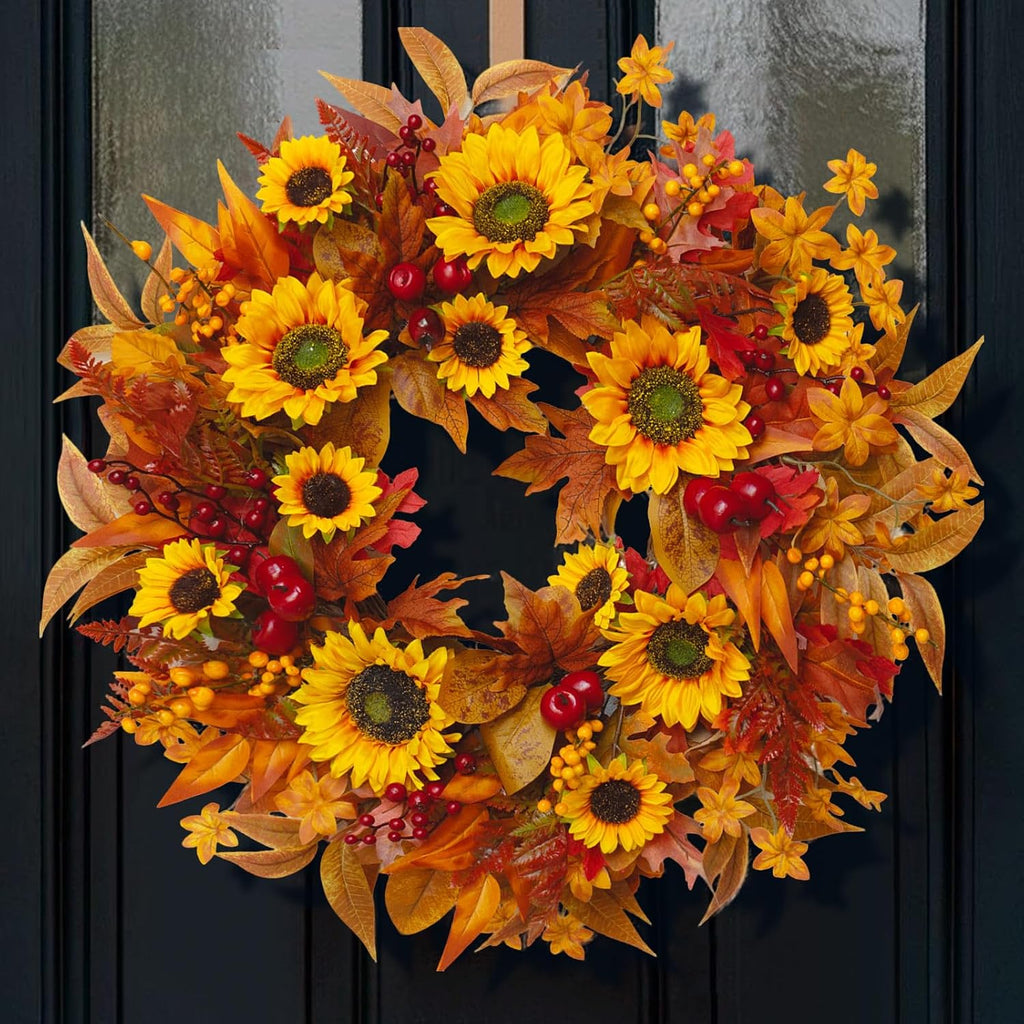 24 Inch Harvest Fall Wreaths for Front Door with Sunflower and Red Berries