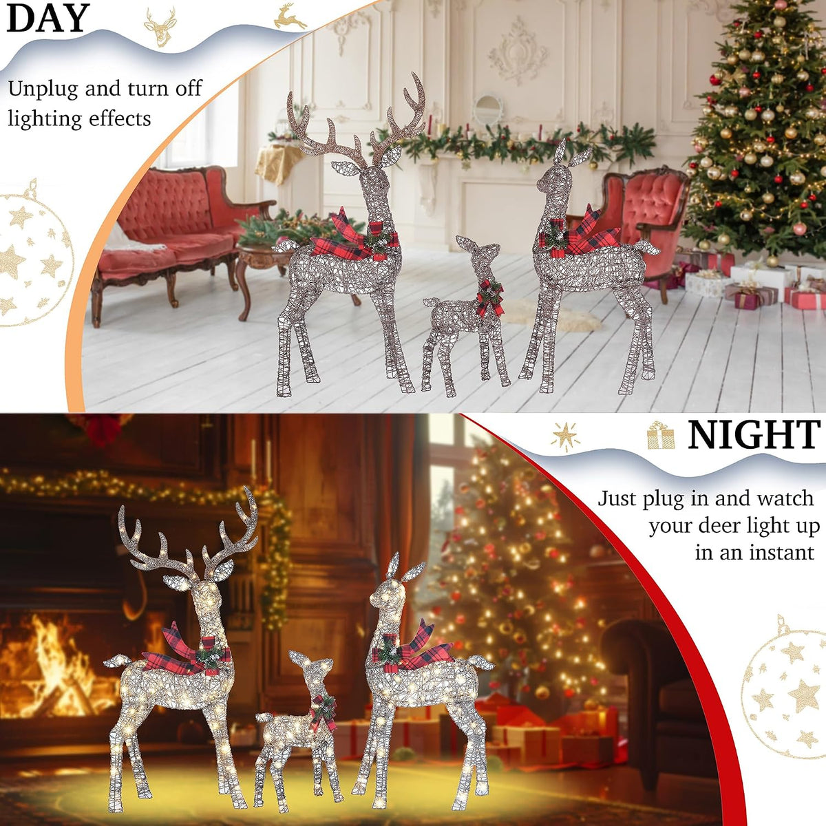 58 Inch 3D Woven Large Lighted Christmas Deer Decorations 3-Piece Outdoor Holiday Decorations Reindeer Set with 210 Warm White LEDs, Large Yard Display for Garden, Storefront