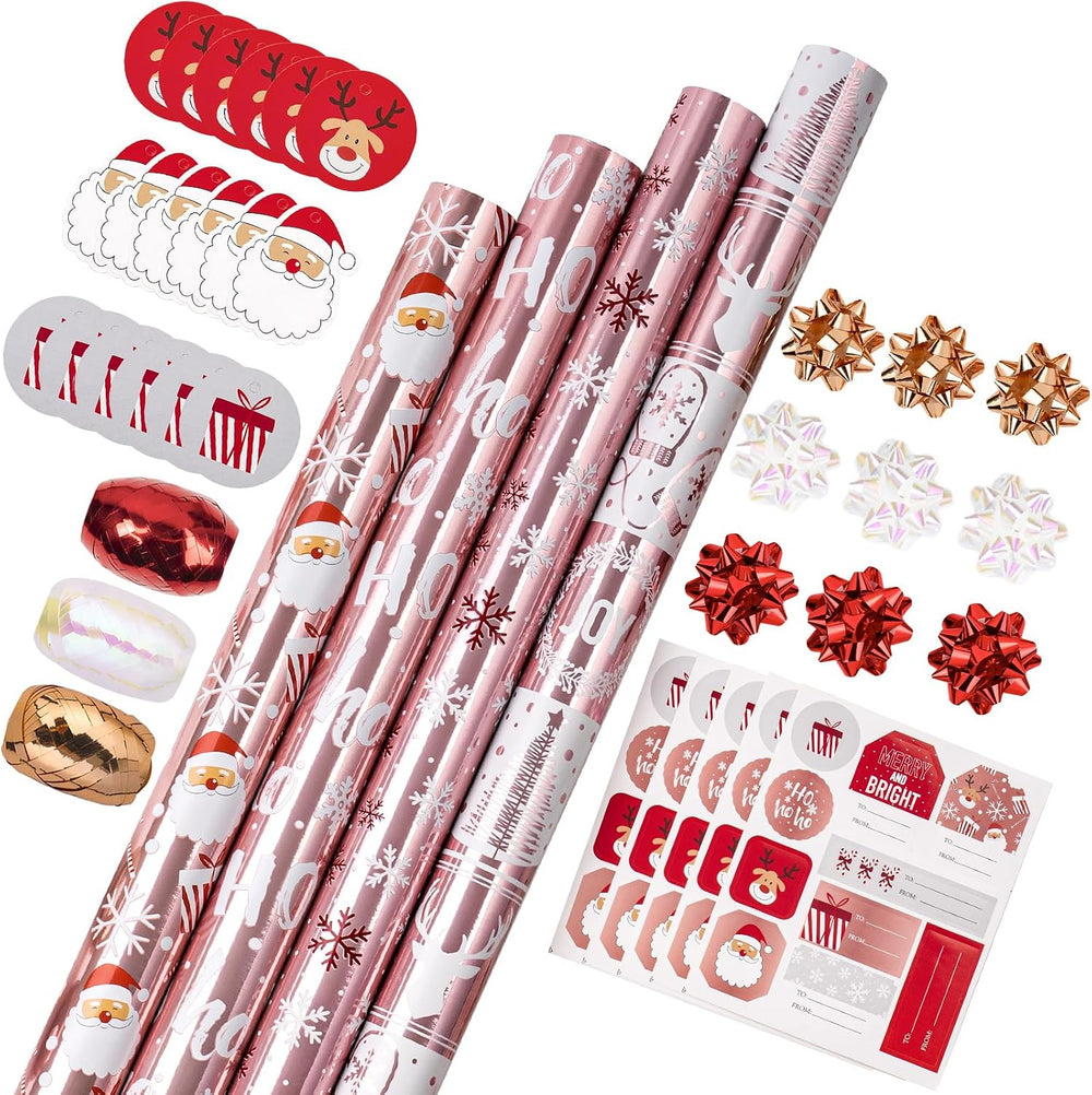 WRAPAHOLIC Christmas Wrapping Paper Set - Rose Gold Santa and Reindeer with M...