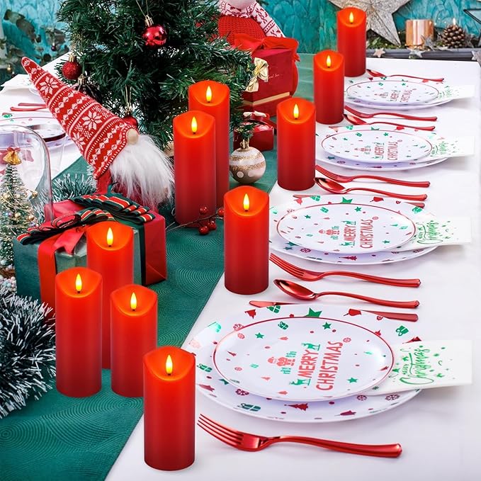 24 Pack Christmas Decoration Flickering Flameless Candles,LED Candles Battery Operated Pillar Candles with Remote Control.for New Year, Home Decor, Parties,Wedding(D2.2 xH 5" 6" 7" Red)