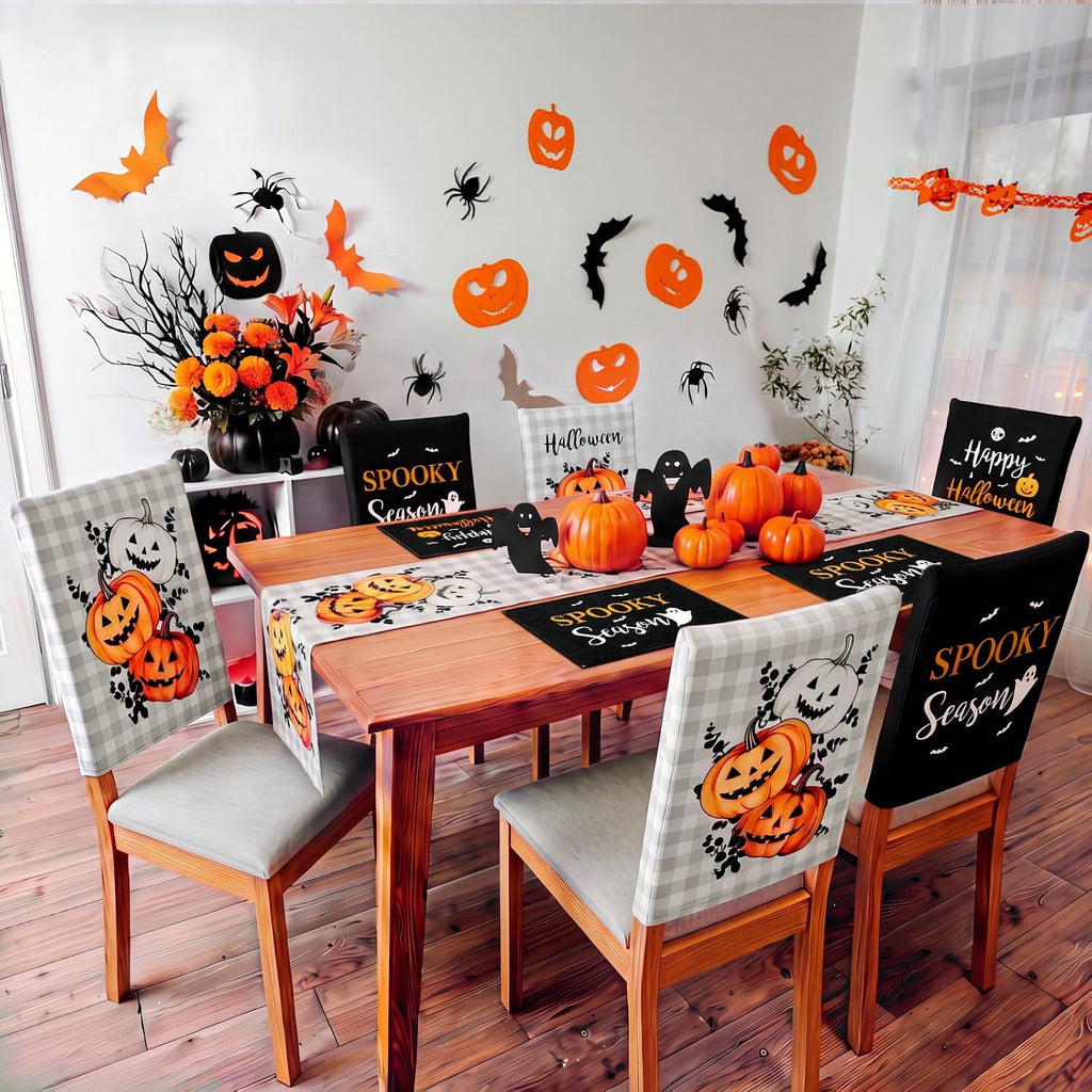 Newtay 13 Pcs Halloween Table Runner Placemats and Dining Chair Cover Set