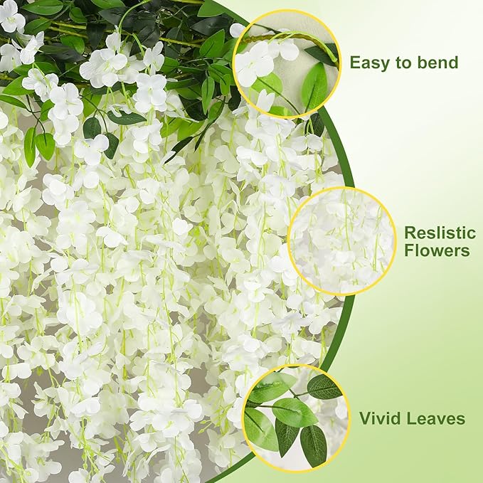 Wisteria Artificial Flowers Garland，10Pcs Total 60ft Silk Fake White Wisteria Flowers Hanging for Home Garden Wedding Arch Party Indoor Outdoor Decor