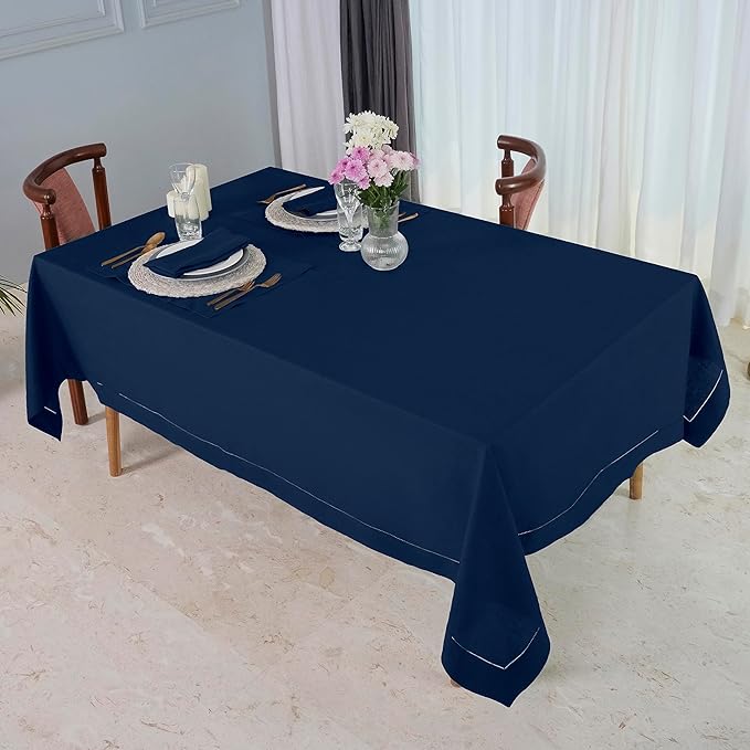 D'Moksha Homes Navy Blue Linen Tablecloth 60 x 108 Inch - 100% Pure Linen Navy Table Cloth for Rectangle Tables - Classic Hemstitch, Machine Washable Tablecloth for Fall, Autumn and Halloween