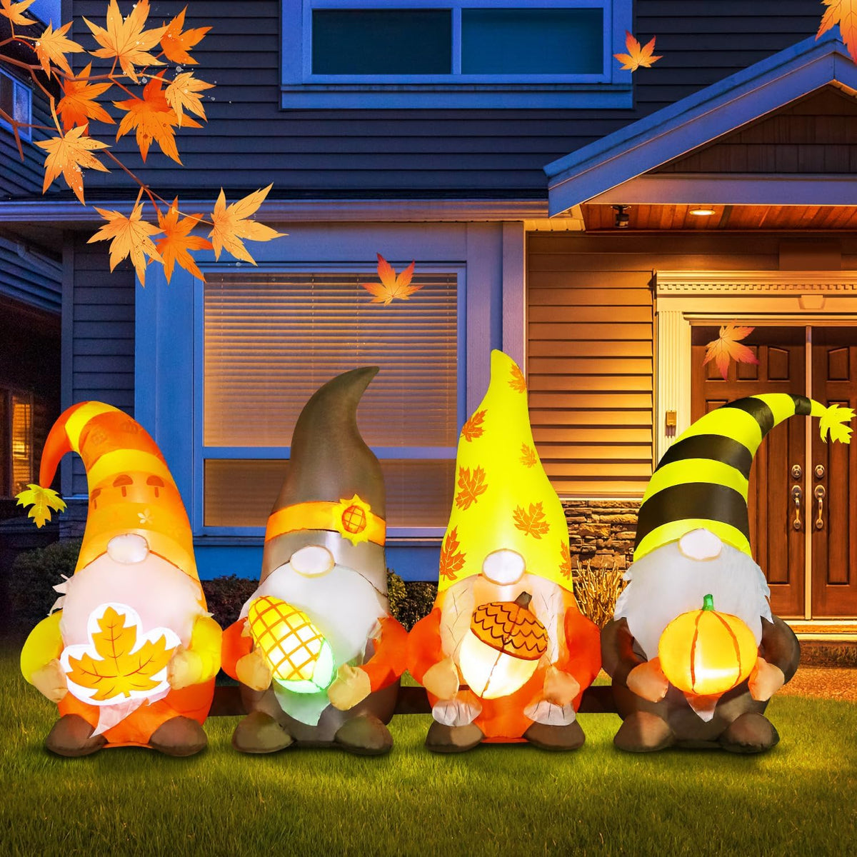 domkom 8ft thanksgiving inflatables outdoor decorations, four gnomes shown in use