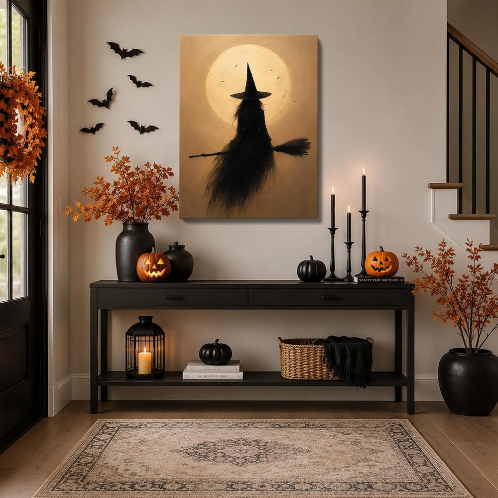 Halloween Canvas Wall Art, Witch on Broom Full Moon Halloween Pictures