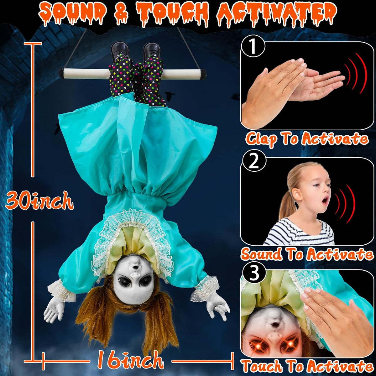 30'' Scary Halloween Animatronic Decorations Outdoor Hanging Swinging Girl