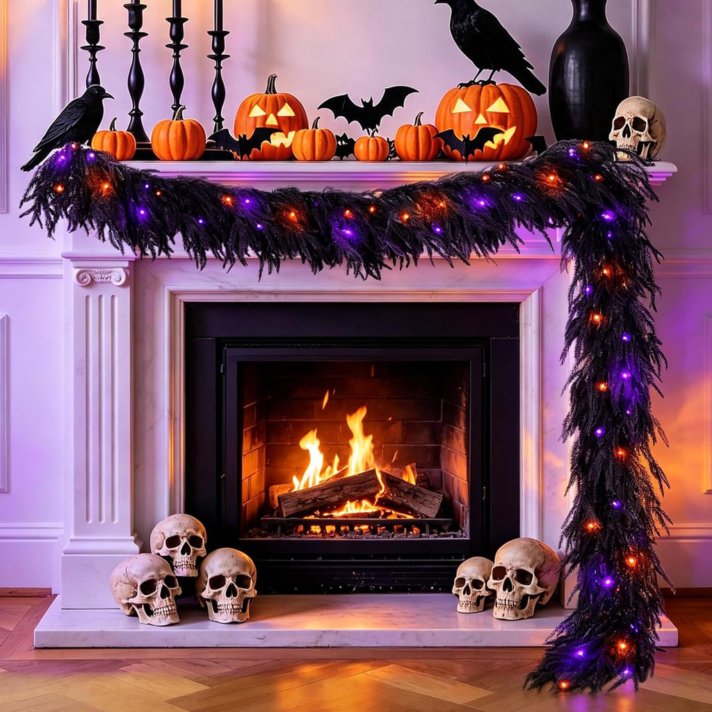 9FT Soft Touch Black Norfolk Pine Halloween Garland with Timer Lights
