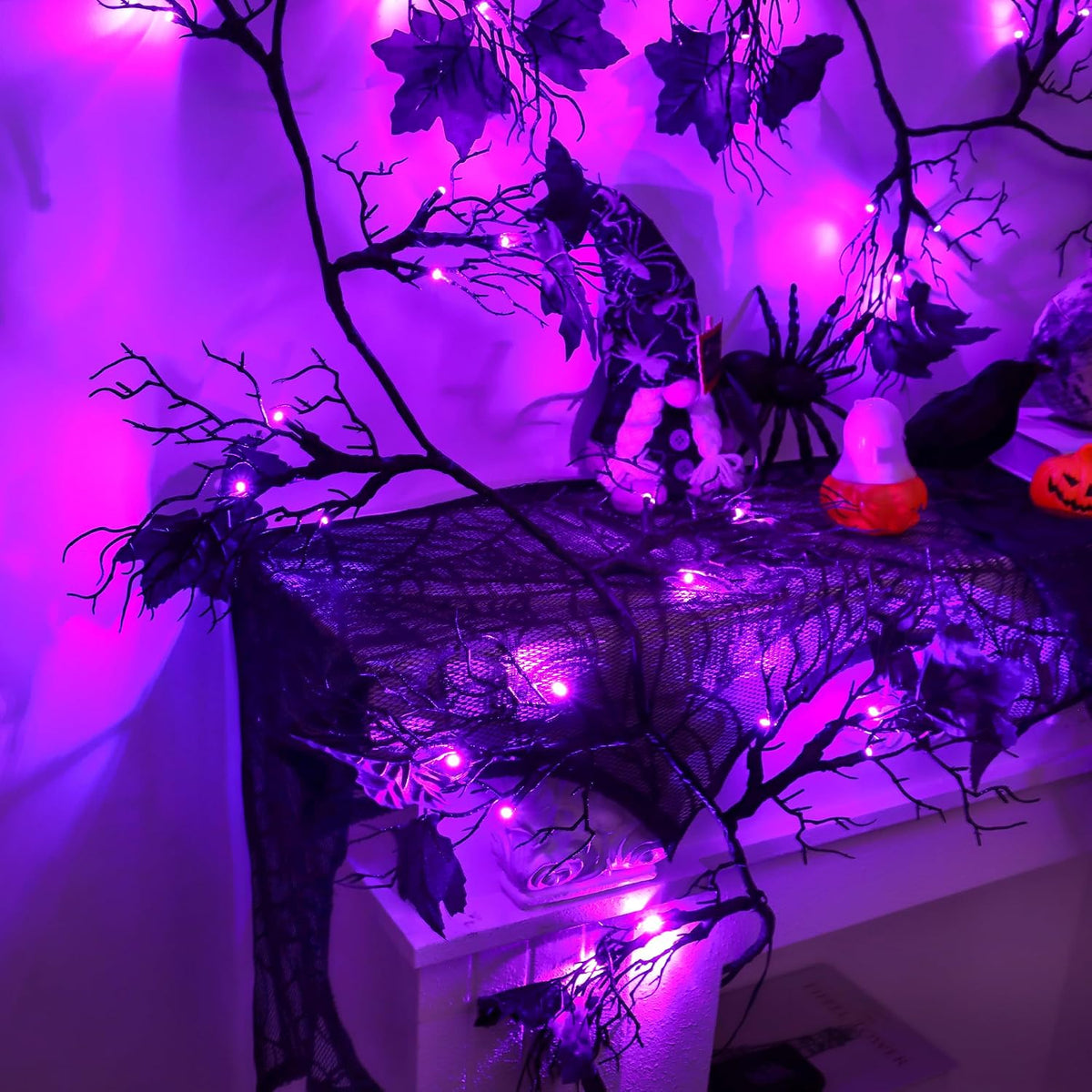 9Ft Lighted Halloween Garland Decorations Indoor, 66 LED Purple Lights Willow Vine Twig Black Halloween Garland with 8 Mode & Timer, Battery Operated Halloween Decor for Mantel Fireplace Home