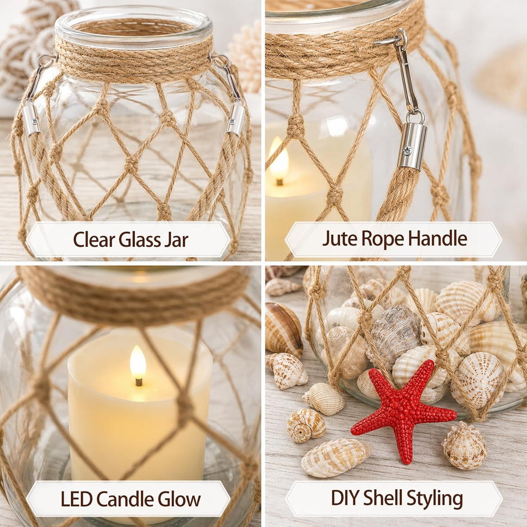2 Set of Nautical Candle Lanterns, Clear Glass Jar Coastal Decor with Rope Handle, LED Candles, Shells, Red Sea Star for Beach House Decor, Bathroom Table Centerpiece, Wedding Party