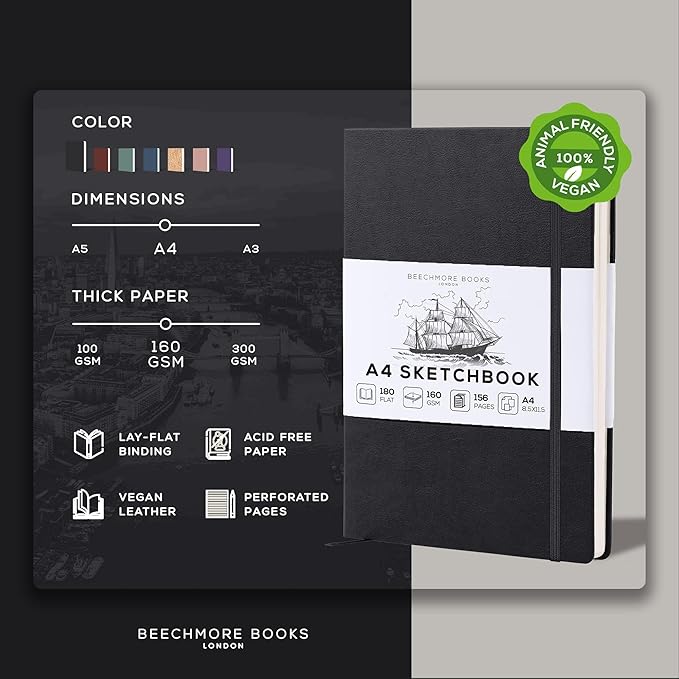 Beechmore Books A4 Sketchbook – 8.5x11 Premium Vegan Leather Bound Large Sketch Book Hardcover with 156 Thick 160gsm Perforated Ivory Pages, Blank Sketch Pad, Gift Boxed, Back Pocket, Ribbon Bookmark