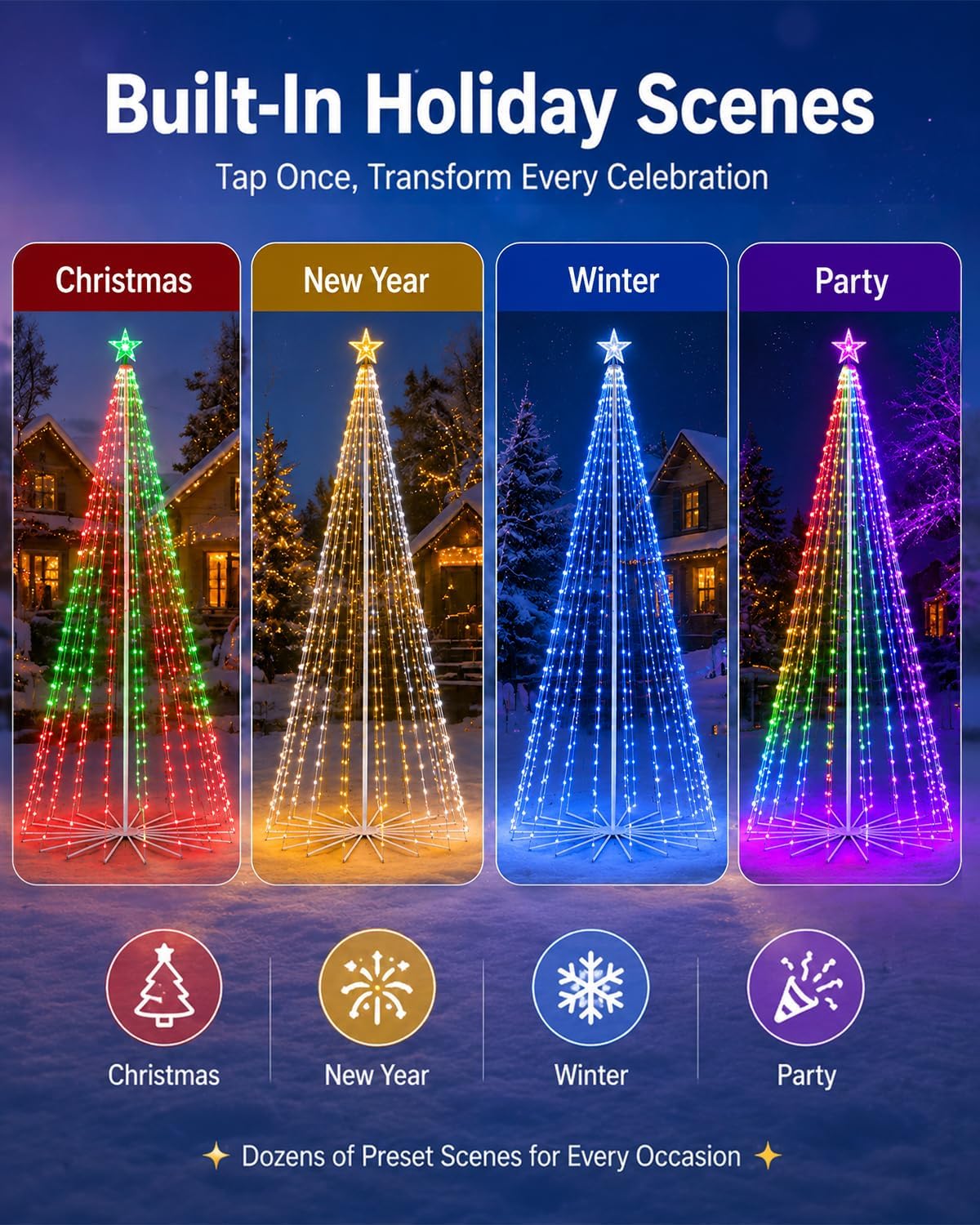 9ft outdoor christmas tree with lights, smart rgbw showing dimensions