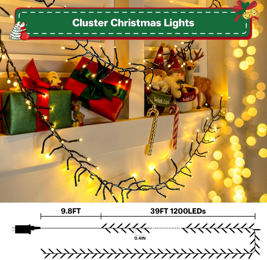 christmas lights plug-in 40ft 1200leds cluster string lights, package contents
