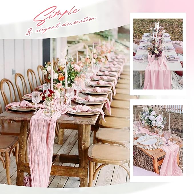 Aktor 12 Pack Pink Table Runner Boho Cheesecloth Table Runner Semi Sheer Gauze Fabric Runners for Wedding Birthday Baby Shower Party Boho Table Decoration（Pink）