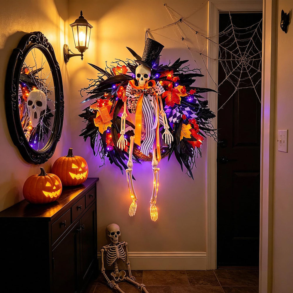HipTree 28 Inch Halloween Skeleton Wreath for Front Door with Lights