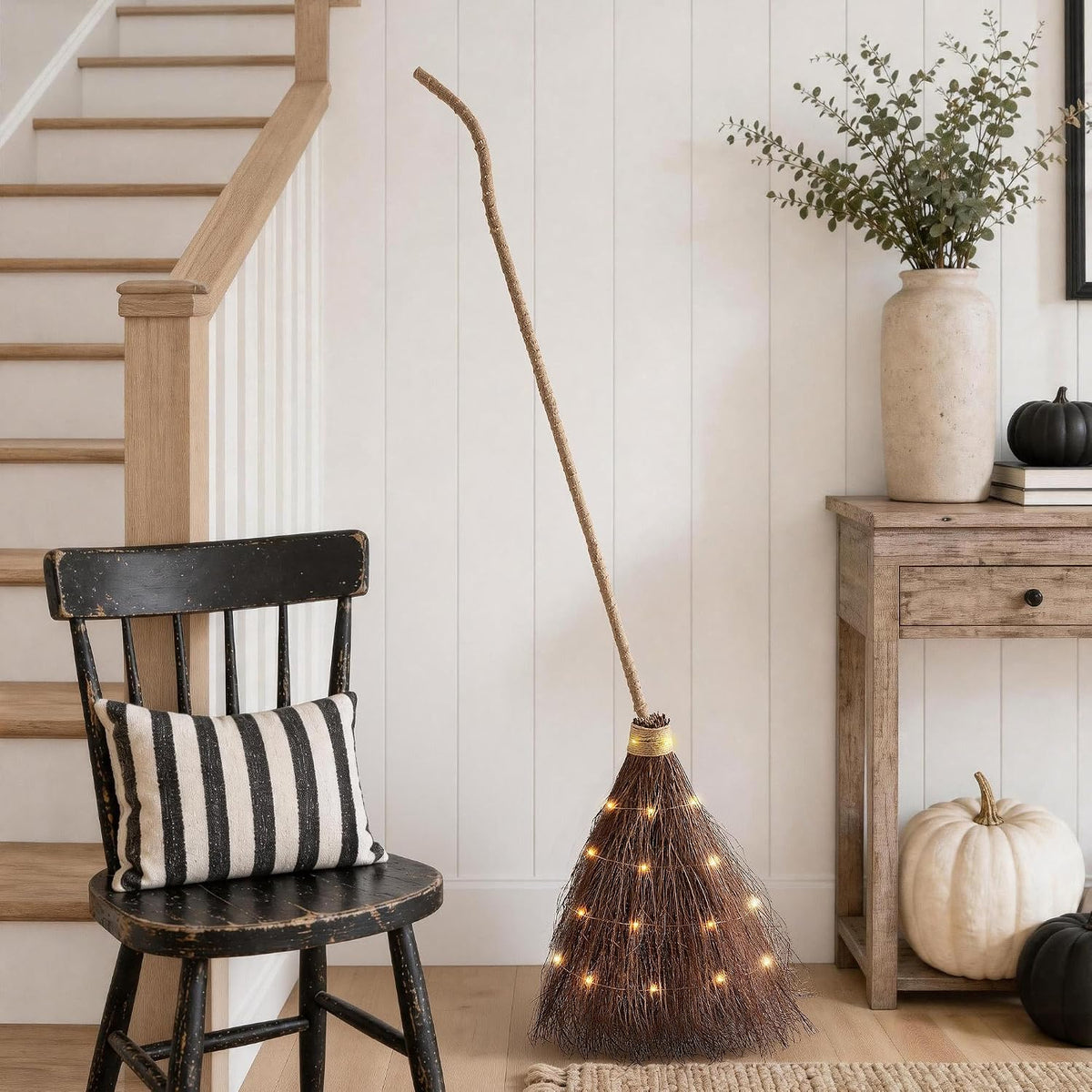 Halloween Decorations - 6 FT Giant Light Up Witch Broom, Vintage Witches Broomstick Fall Decor with LED Lights, Rustic Farmhouse Halloween Broom for Indoor Outdoor Porch Yard Lawn