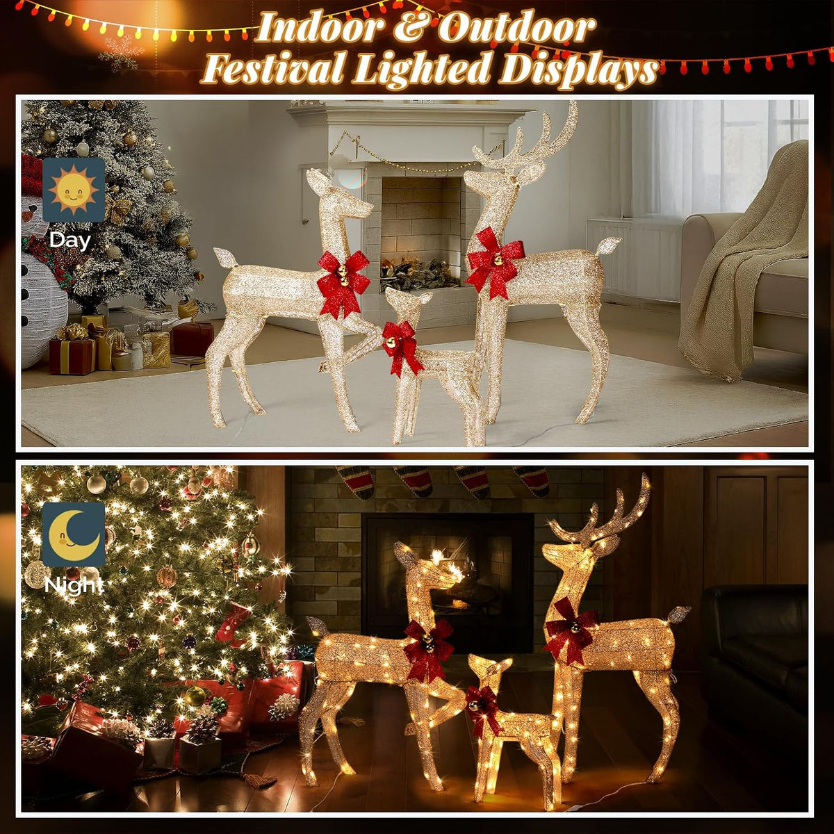 vingli 4ft golden lighted christmas reindeer family set, side view