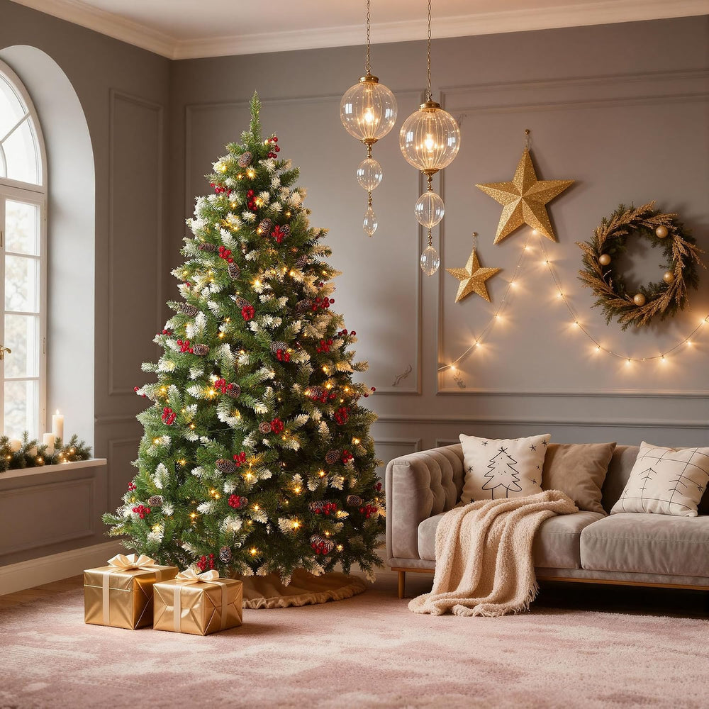 DWVO 6ft Pre-Lit Christmas Tree Pine Cones Red Berries 250 Dual Color LED