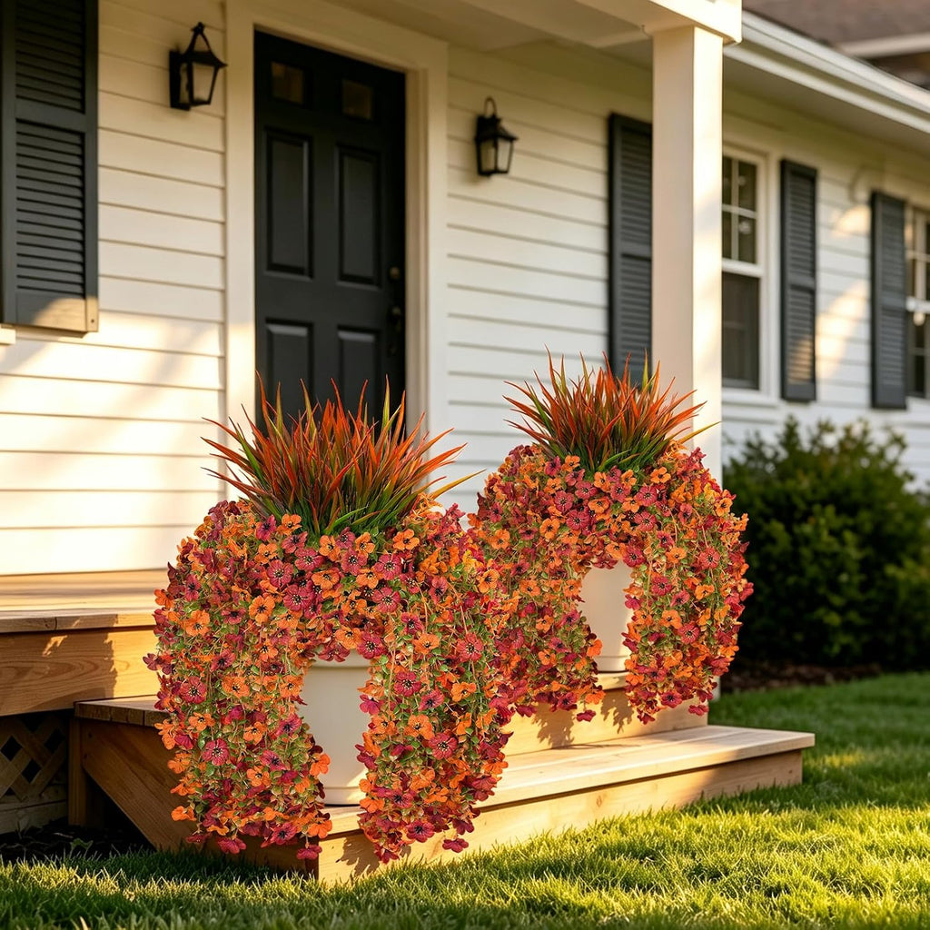 7PCS Artificial Fall Hanging Flowers for Outdoor, Five-Petaled Faux Mums