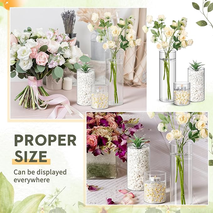 Nuogo 12 Pcs Plastic Cylinder Vases Tall Clear Flower Vases for Centerpieces Hurricane Candle Holder for Home Wedding Office Party Formal Dinners Decorations (4''/6''/8'')