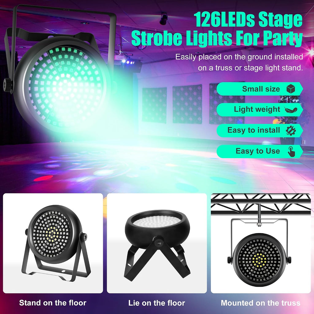 Strobe Lights for Halloween,2Pack 30W 126LEDs RGB+W+UV DJ Strobe Lights with Wireless Remote Control DMX512 Sound Activated DJ Stage Par Can Uplights for Wedding Party Club Christmas Lighting