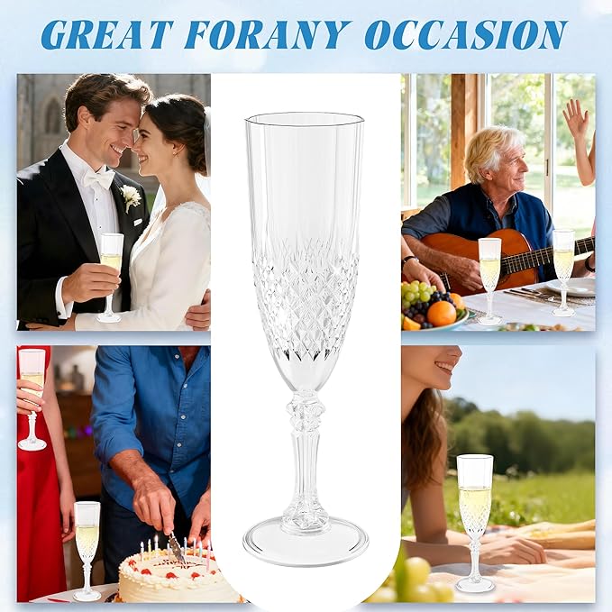Plastic Champagne Flutes, 24PCS White Transparent Wine Glasses Goblets Shatterproof Reusable Flute for Weddings, Bachelor Parties, Toasting, and Events(24,Transparent)