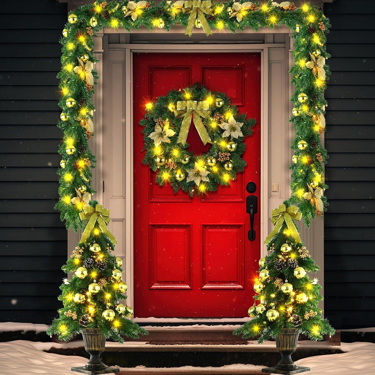 4 Piece Pre Lit Gold Christmas Garland and Wreath Set
