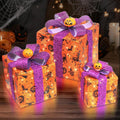 3 Pieces Lighted Boxes Halloween Decorations, Lighted Gift Boxes with Bat,Spider Web,Broom & Pumpkin Print, Foldable Light up Boxes with Pumpkin Bow for Yard, Patio, Haunted House Décor