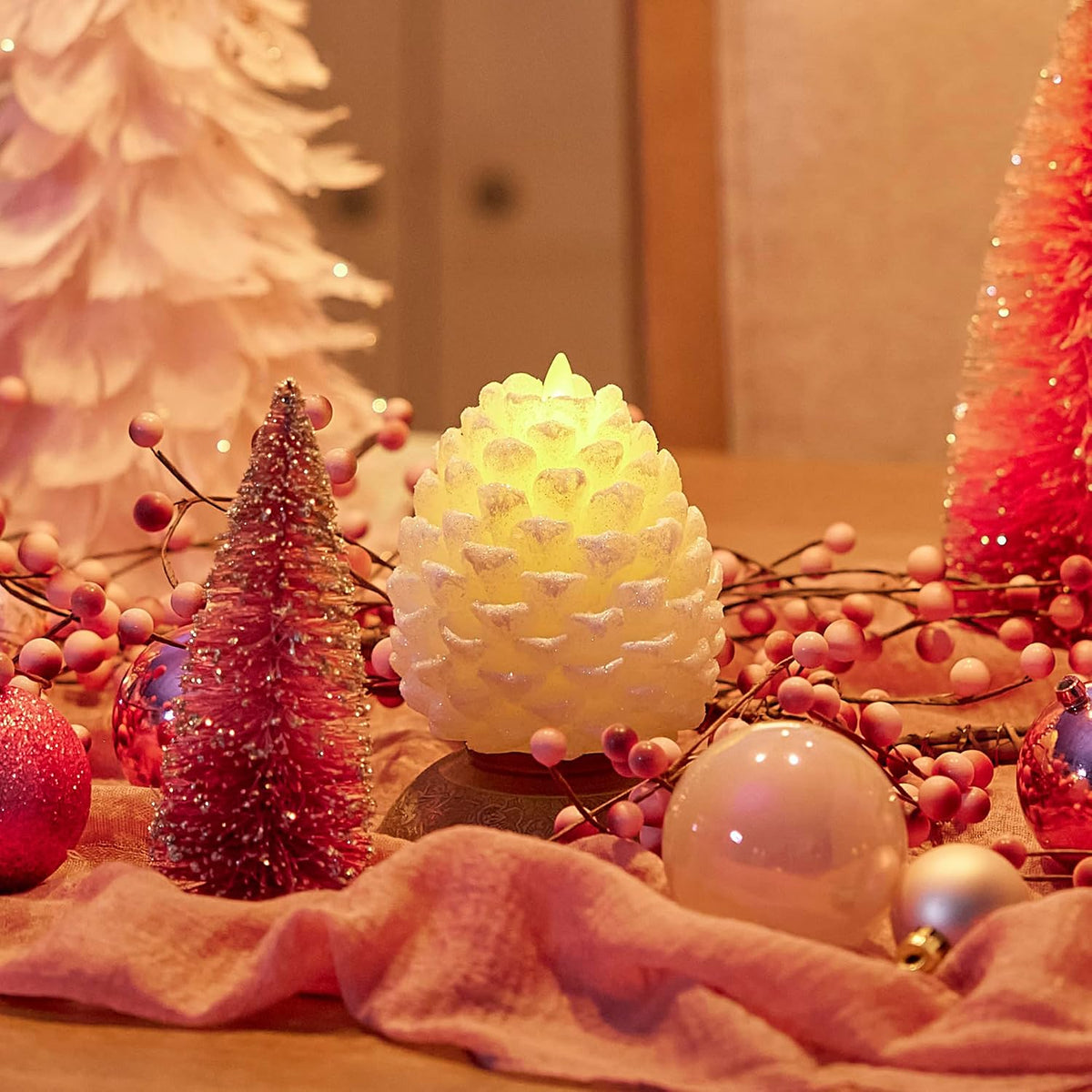 Luminara Pinecone Flameless Candle White Swan Glitter and Snow Finish Pine Cone Figural, Real Wax Unscented LED Candles, Battery Operated with Timer, Holiday Decoration (3.9" x 4.3")