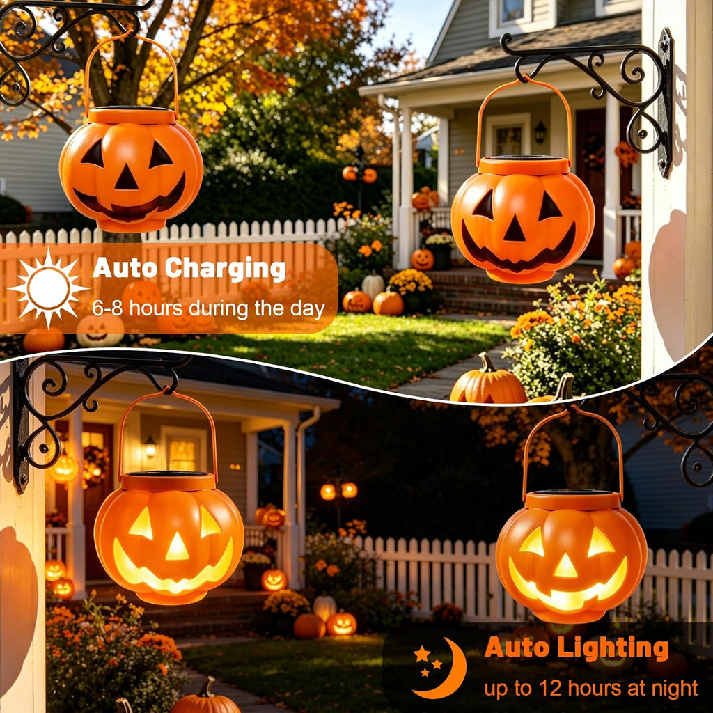 BRIGHTDECK Halloween Pumpkin Solar Lanterns 2 Pack, Jack O Lantern Pumpkin Lights for Halloween Decorations Outdoor, Weatherproof & Portable Fall Yard Decor (2Pack Warm White)