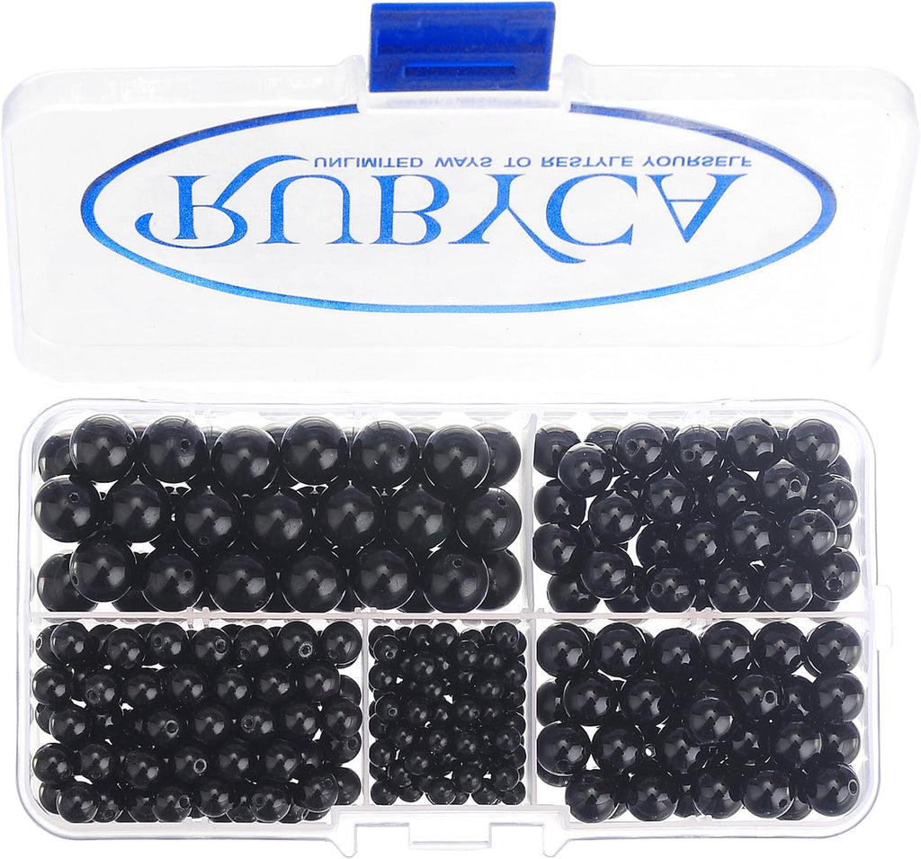 RUBYCA Natural Black Obsidian Round Loose Bead Organizer Plastic Box Jewelry Making Mix Sizes