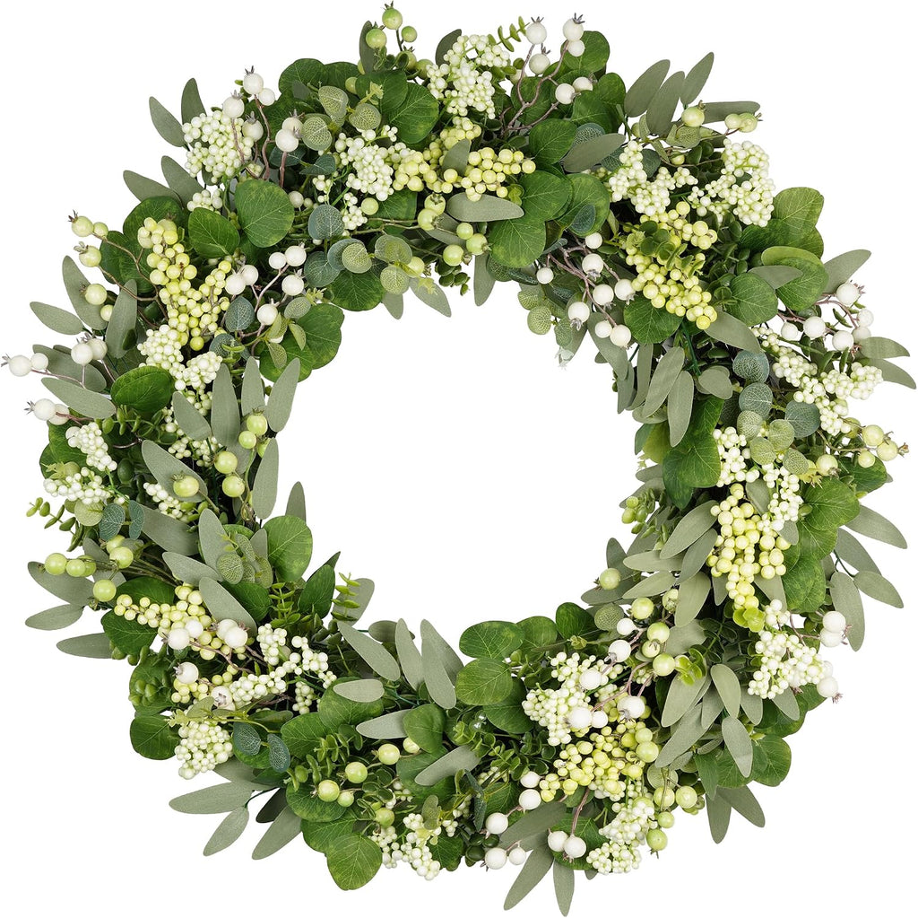 Vlorart 32 Inch Artificial Spring Summer Greenery Christmas Wreaths for Front Door Green Eucalyptus Leaf Wreath Decor Boxwood with Big Berries for Farmhouse Outside Year Round