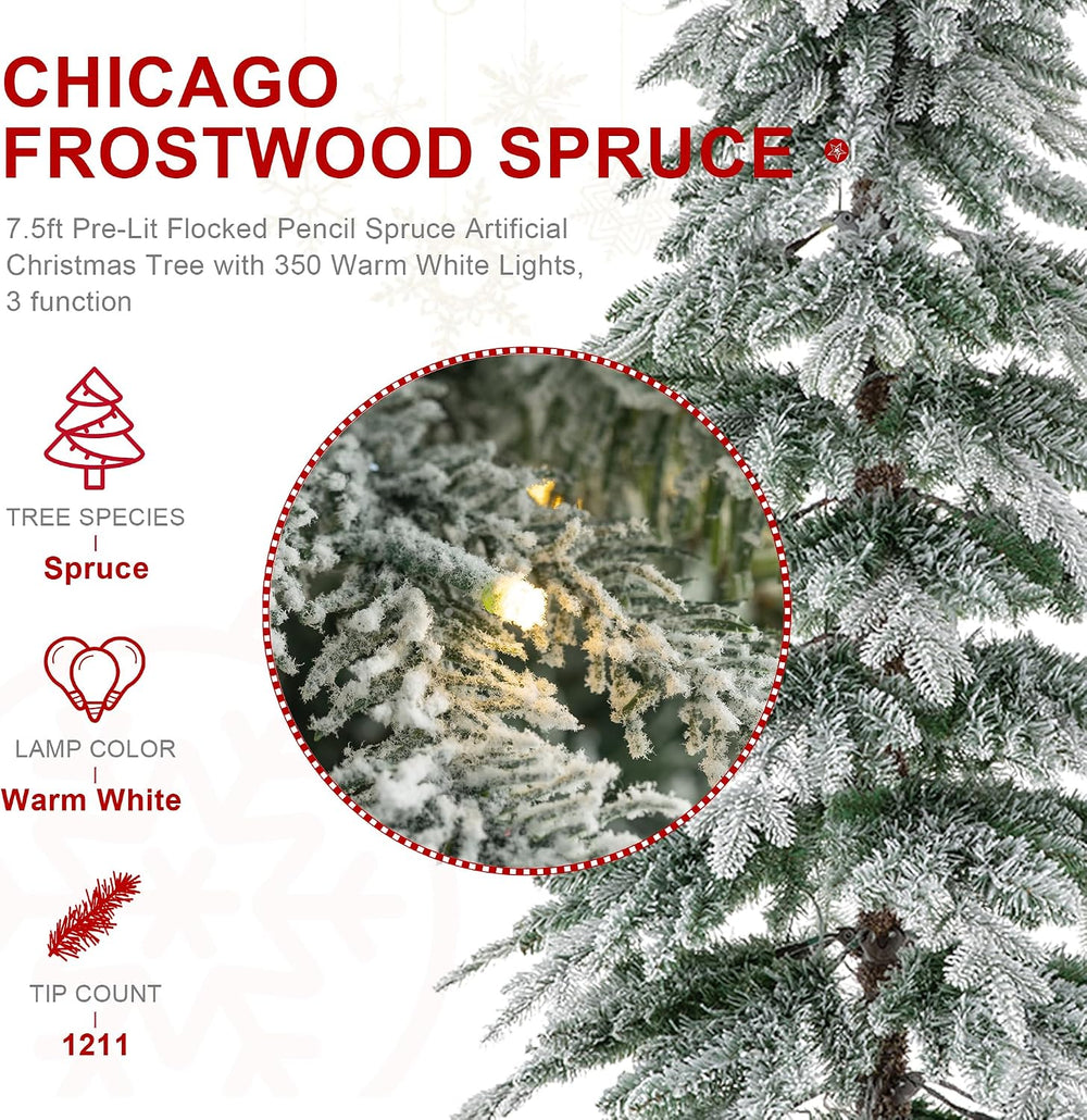 Glitzhome 7.5ft Prelit Flocked Pencil Spruce Artificial Christmas Tree