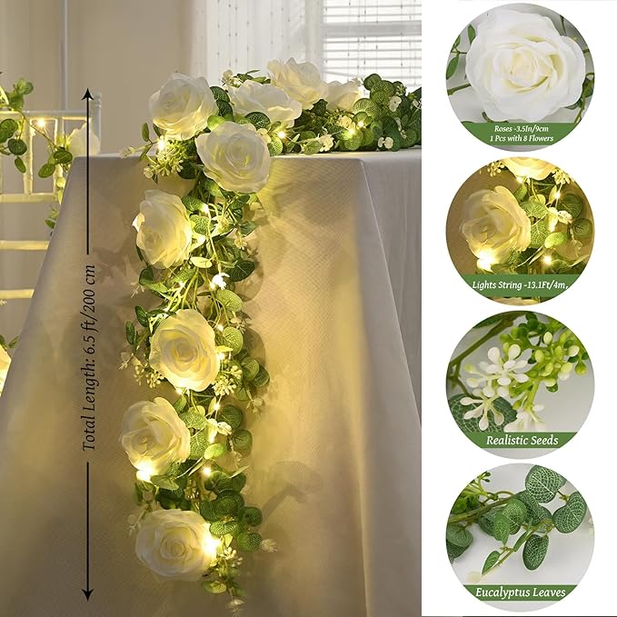 Dolicer 2Pcs 13Ft Artificial Eucalyptus Garlands with Flowers - 8 Roses, Faux Floral Greenery Garlands with 13Ft String Lights Fake Flower Vines for Wedding Table Centerpieces Arch Party Decor (White)
