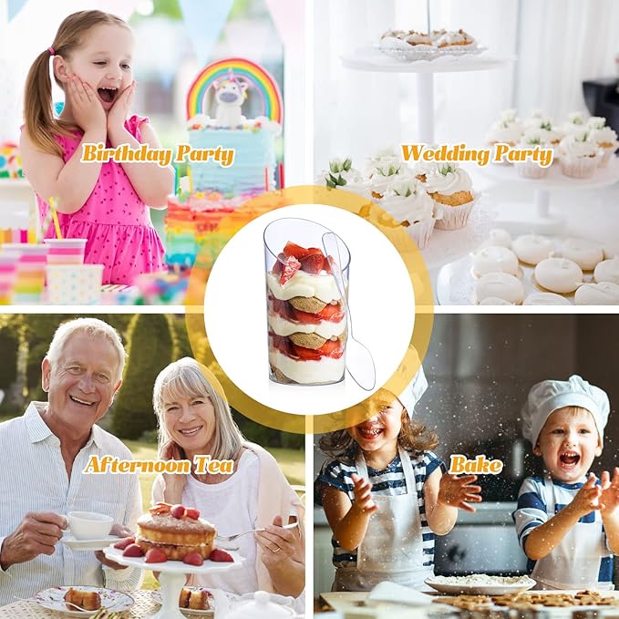 Nuogo 200 Pcs Mini Dessert Cups with Spoons Include 3 oz Square Plastic Appetizer Cups 2.5 oz Slanted Round Parfait Shooter Cup Small Clear Mousse Pudding Cup for Wedding Baby Shower Birthday Party (400 Pcs)